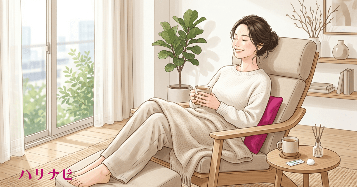 施術後にリクライニングチェアでゆったりくつろいでいる女性のイラスト