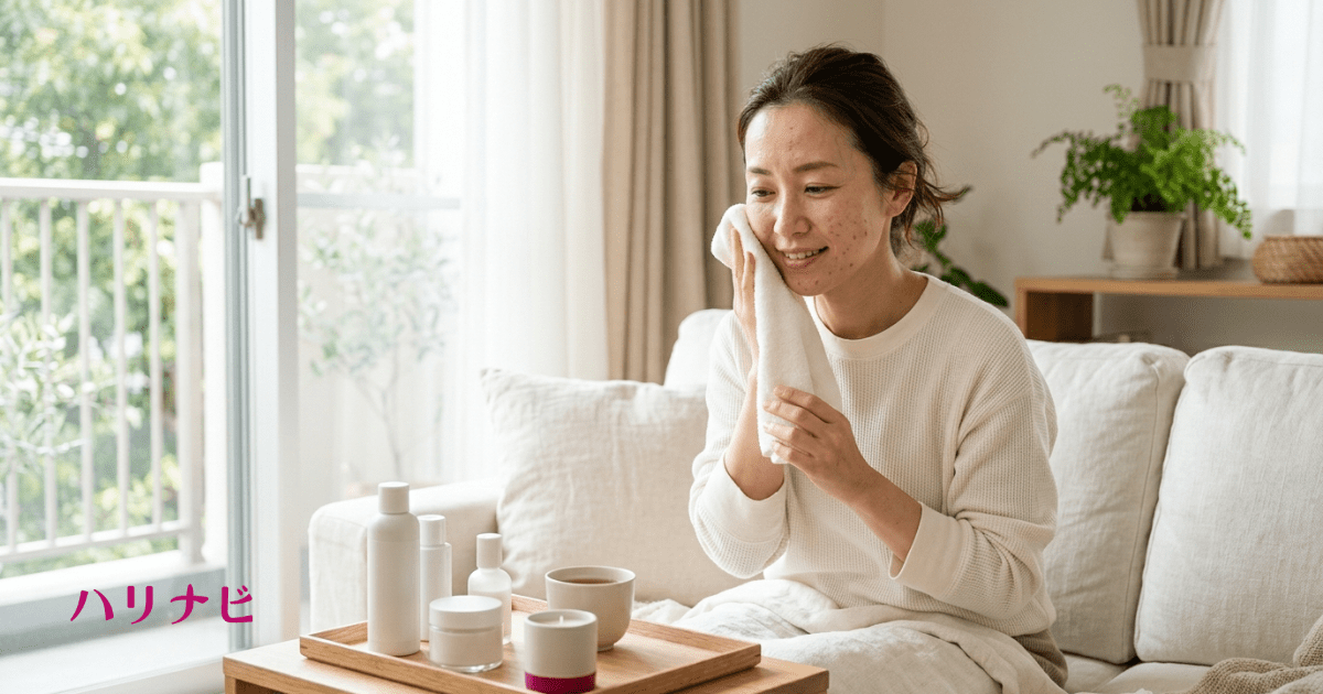 自宅でできるニキビ・肌荒れ対策のセルフケアをしているイメージ