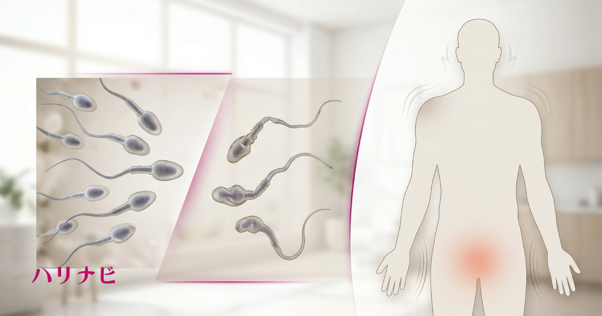 精子の顕微鏡画像と男性の体のイラスト、精子の質低下の原因を示す図