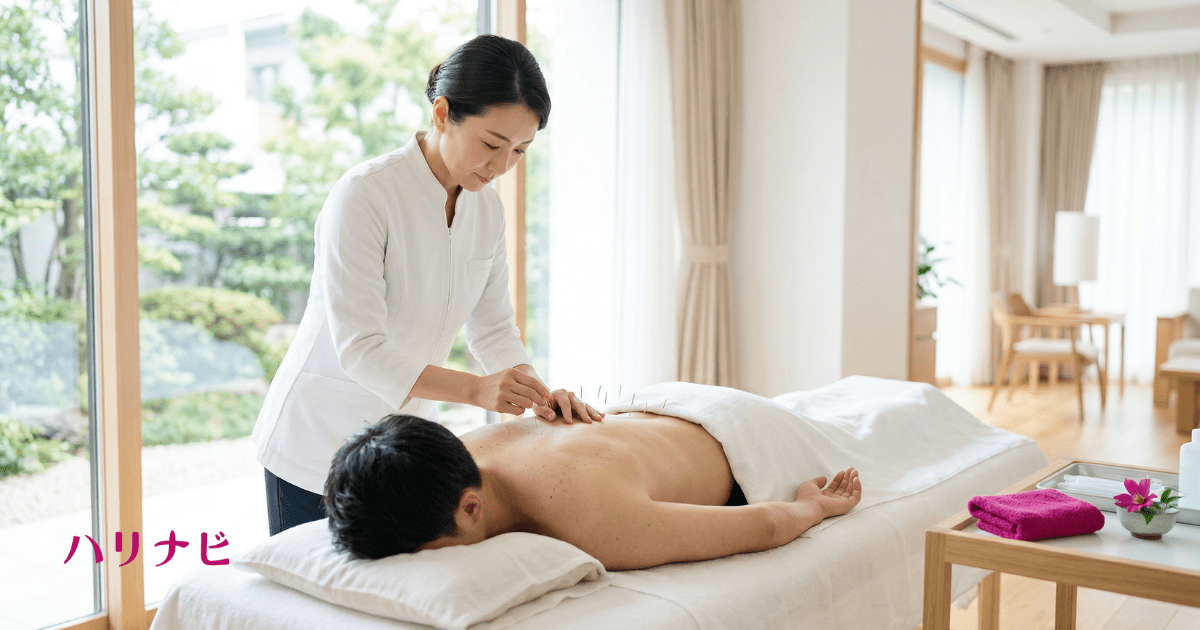 鍼灸院での男性への施術シーン、背中に鍼を打たれている男性のイメージ