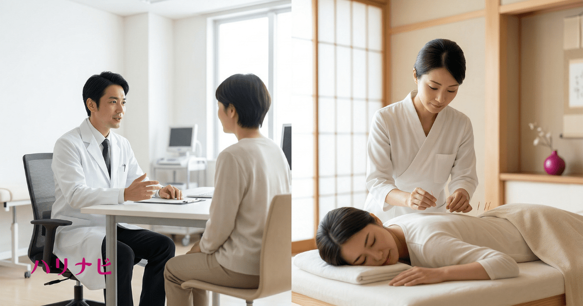 病院の診察室と鍼灸院を並べたイメージ画像、医師と鍼灸師がそれぞれ患者を診ているイラスト