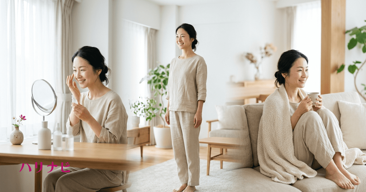 自宅でスキンケアをしながら美容鍼の効果を持続させるための保湿・姿勢改善・体温管理を日常で実践している女性のイメージ