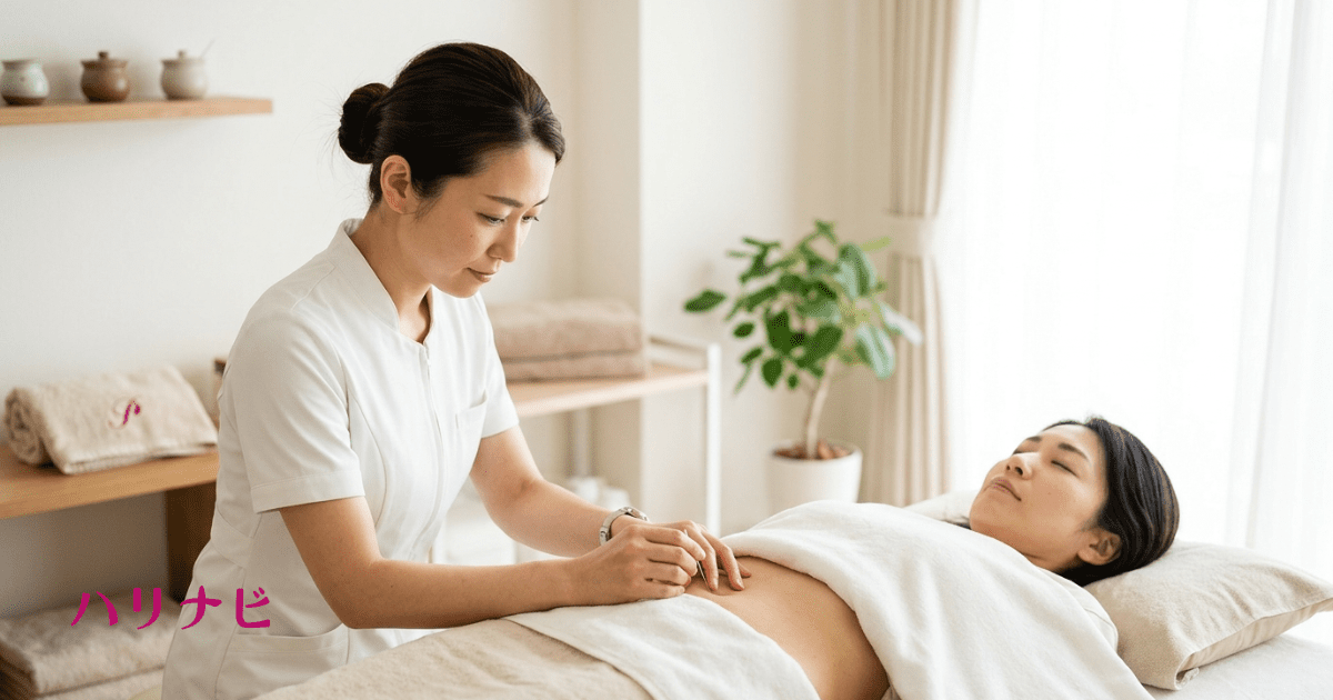 鍼灸師が女性患者のお腹周りのツボに鍼を施術しているイラスト