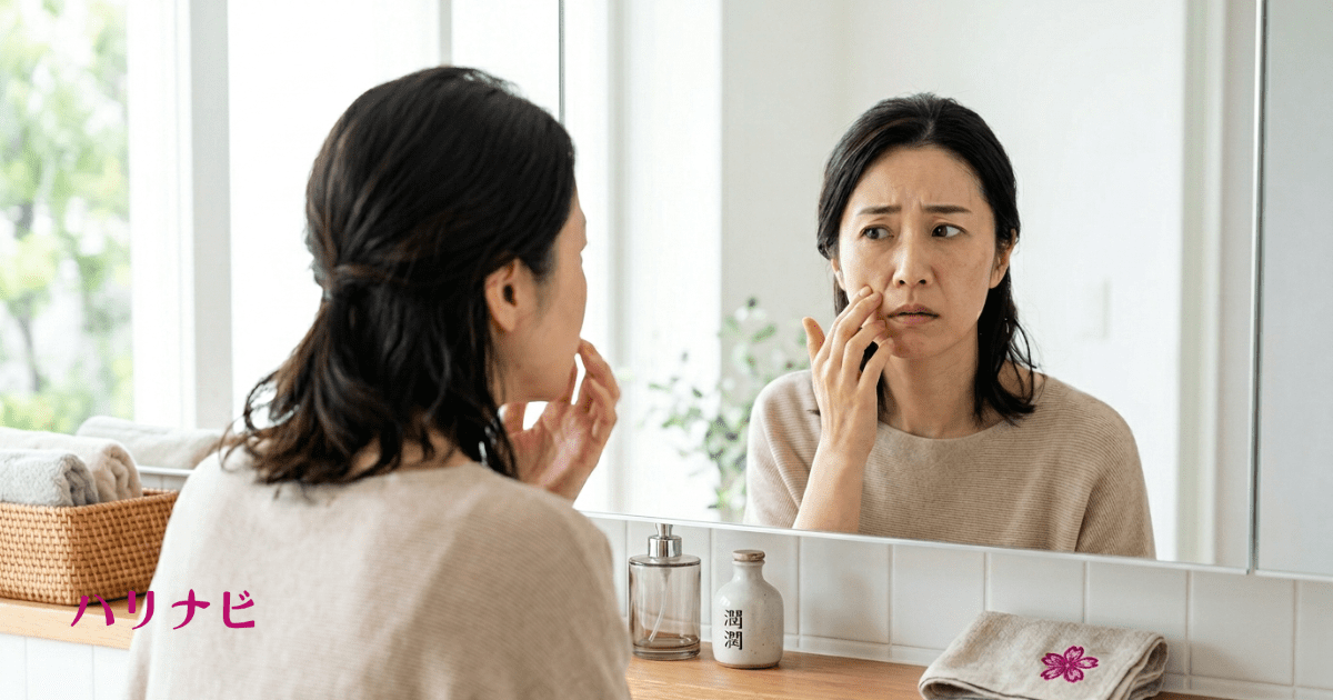鏡を見ながらほうれい線を気にする30〜40代女性のイメージ写真