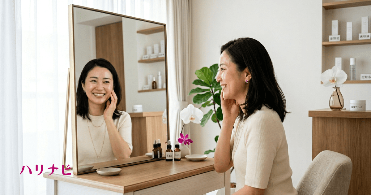 施術後に鏡を見て笑顔になっている女性のイメージ写真