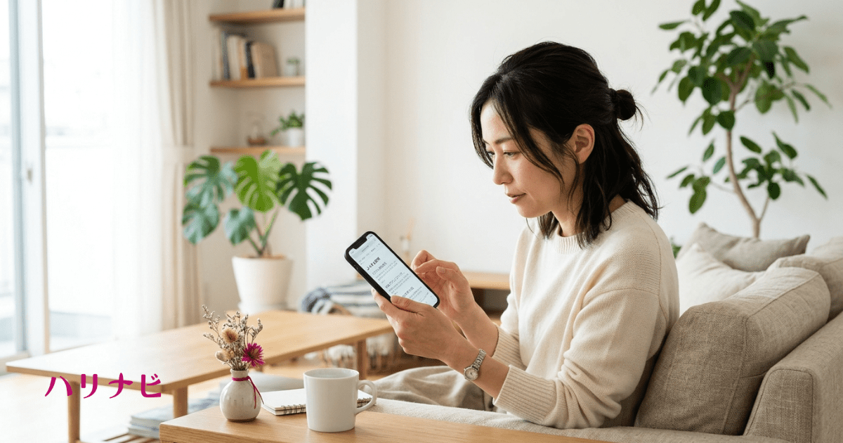 スマートフォンでよくある質問を調べている女性のイメージ写真