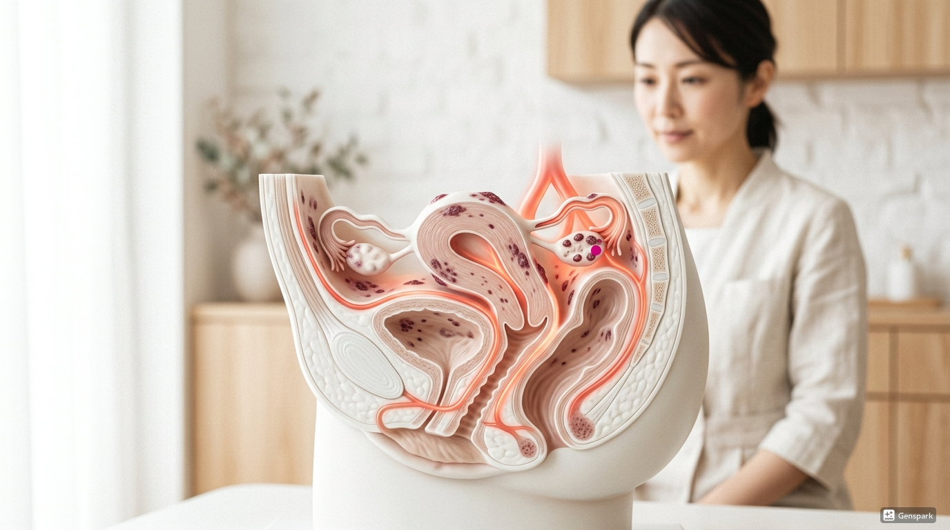 子宮内膜症で炎症が広がる骨盤内のイラストと血流の流れを示した図