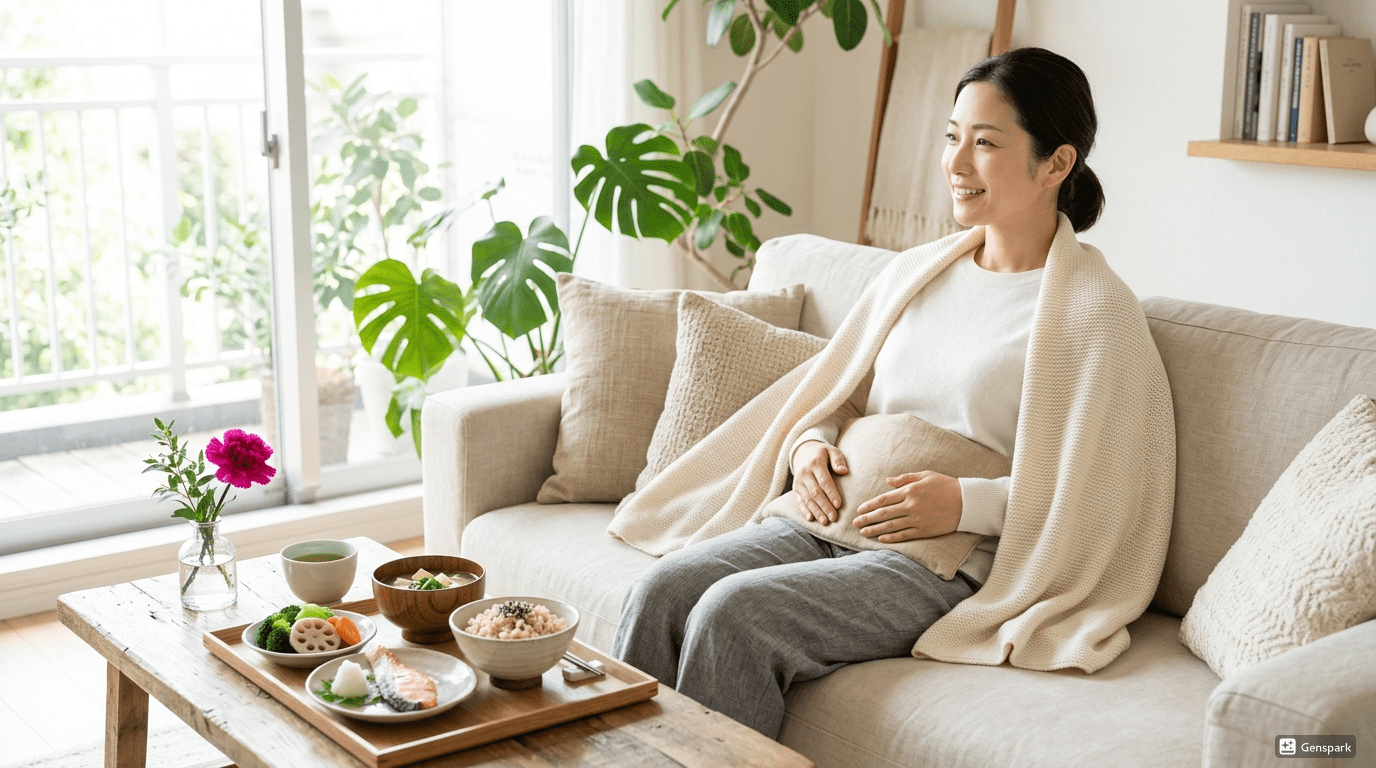 自宅でお腹を温めながらリラックスする女性と健康的な食事のイラスト