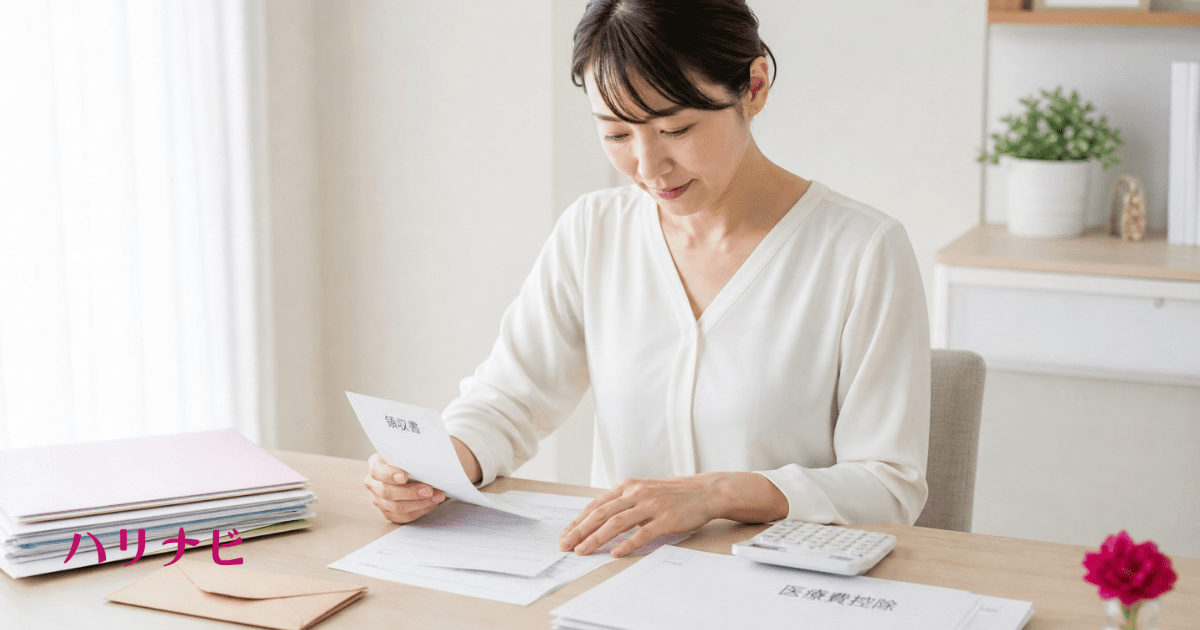 保険適応の不妊鍼灸の領収書と医療費控除の書類を整理する様子