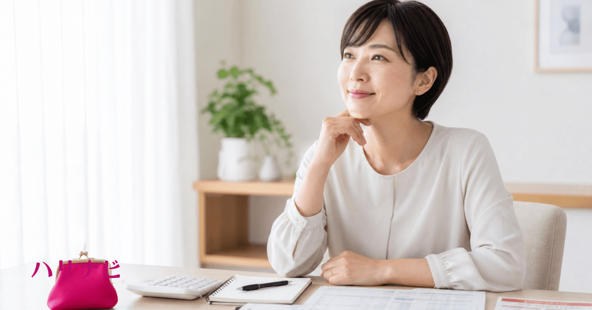 穏やかな表情で未来を見つめる女性と、家計を整理するイメージ