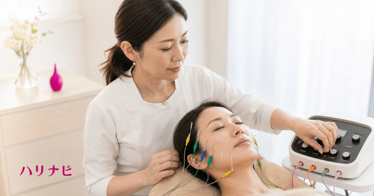 電気を流す美容鍼パルス施術の刺激の強さを調整する鍼灸師のイメージ