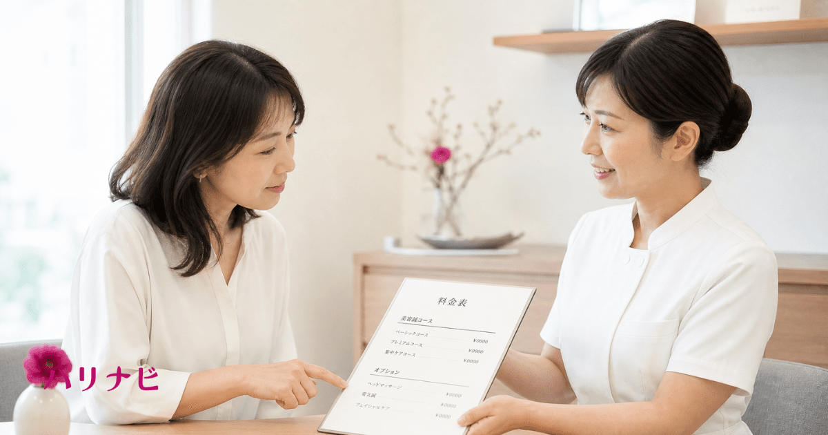信頼できる美容鍼の治療院を見極めるカウンセリング風景と料金表を確認する女性