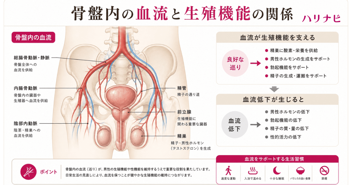 骨盤内の血流と男性の生殖機能の関係を示したシンプルなイラスト図解