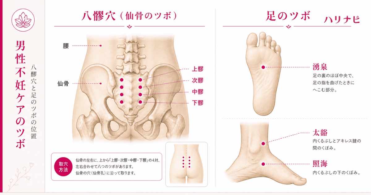 腰の八髎穴と足のツボの位置を示した男性不妊ケア向けのツボ図