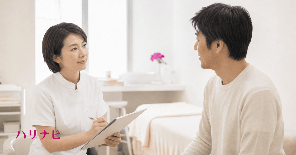 完全個室の施術室で鍼灸師が男性に問診を行っているカウンセリング風景