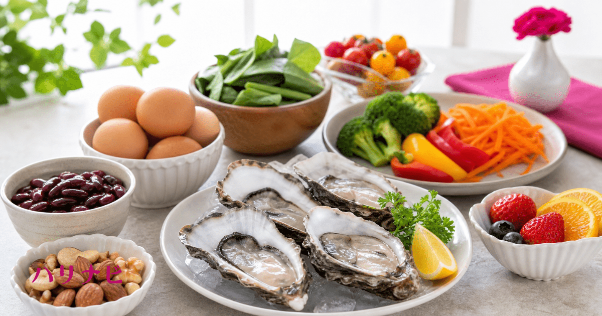 牡蠣やナッツなど亜鉛を含む食材が並んだ男性不妊ケア向けの食卓