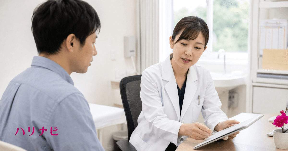 泌尿器科の医師が男性に検査結果を説明している診察風景