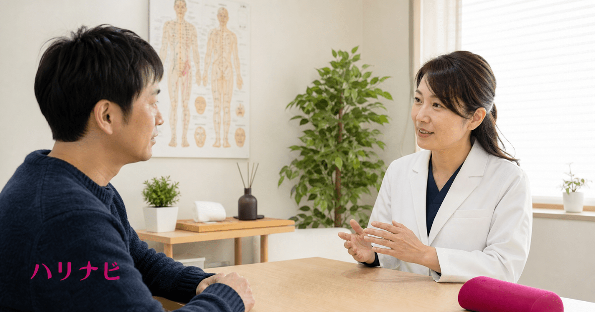 男性不妊とEDの疑問について鍼灸師に相談している男性