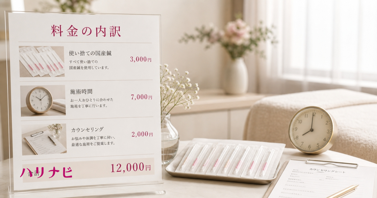 使い捨ての国産鍼と施術時間、カウンセリングなど美容鍼の料金の内訳を示したイラスト