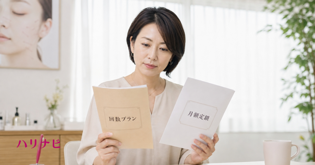 美容鍼の回数券と月額定額プランの費用を比較検討している女性のイメージ