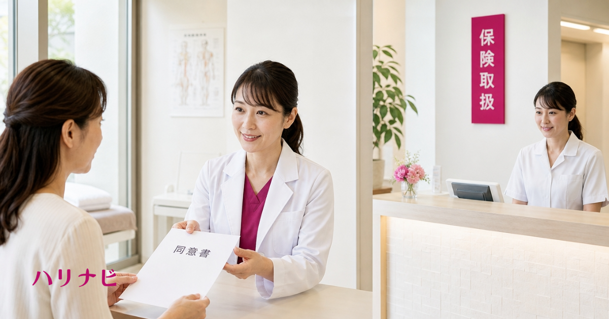 医師から鍼灸の施術に関する同意書を受け取る患者と、保険取扱の鍼灸院の受付の様子