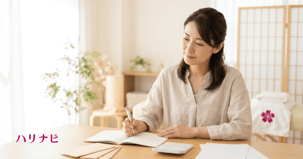 美容鍼に通う頻度から年間費用を計算し、継続の予算を立てている女性のイメージ