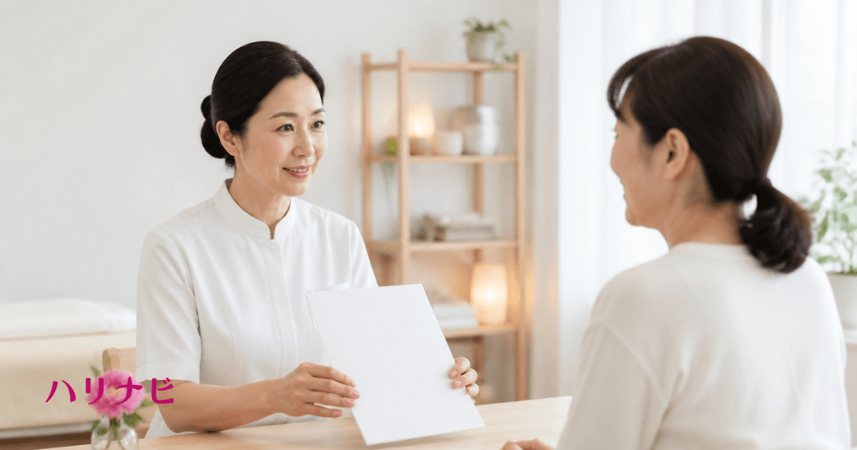 不妊鍼灸院のカウンセリングで問診票を確認しながら説明を受けている場面のイメージ