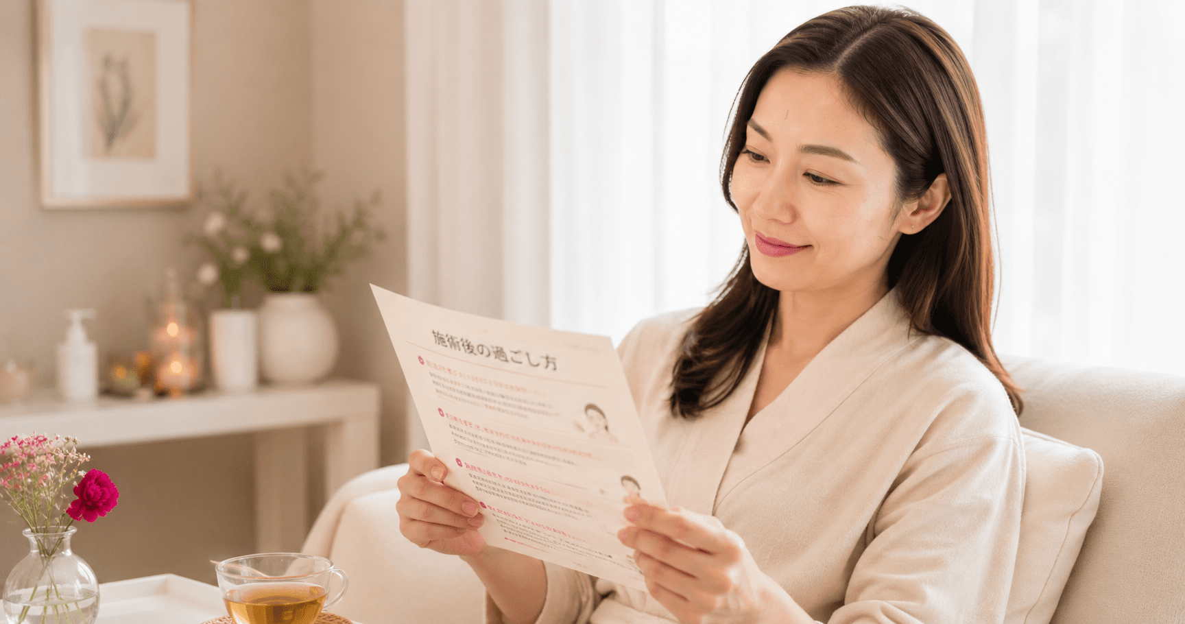 美容鍼の施術を終えてリラックスしながら過ごし方を確認する女性のイメージ