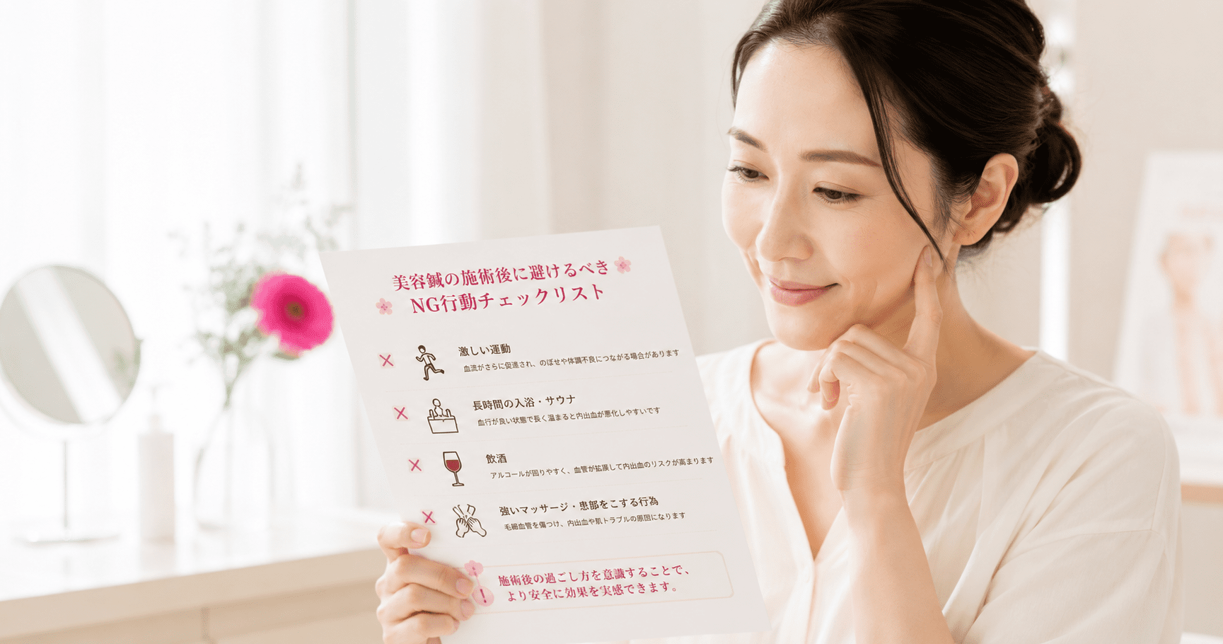 美容鍼の施術後に避けるべきNG行動を示したチェックリストを読んでるイメージ