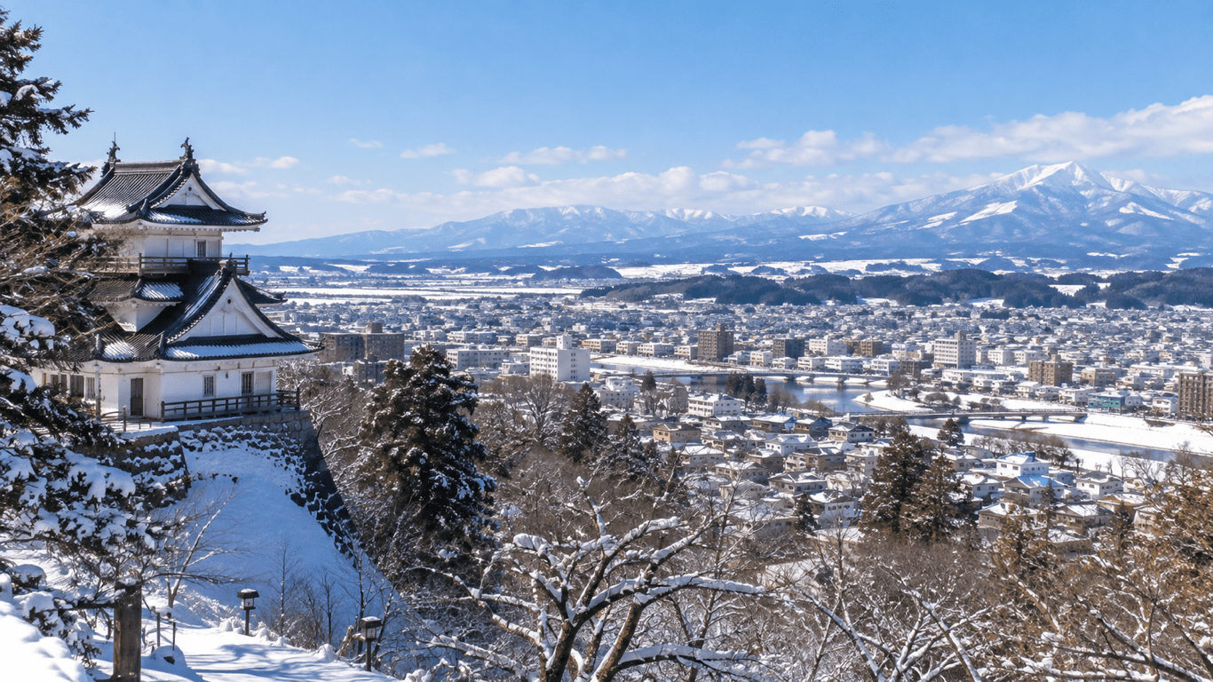 横手公園の展望施設から横手市街と周囲の山並みを見渡す風景