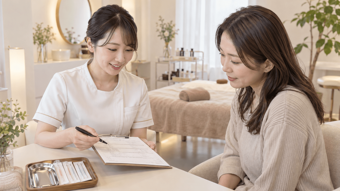 美容鍼の施術前にカウンセリングシートを確認する様子