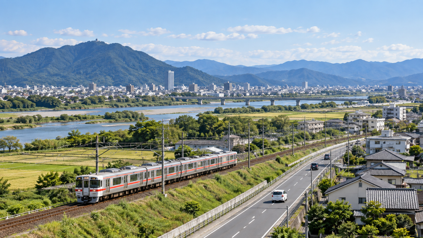 岐阜市と周辺エリアを結ぶ鉄道と道路の風景